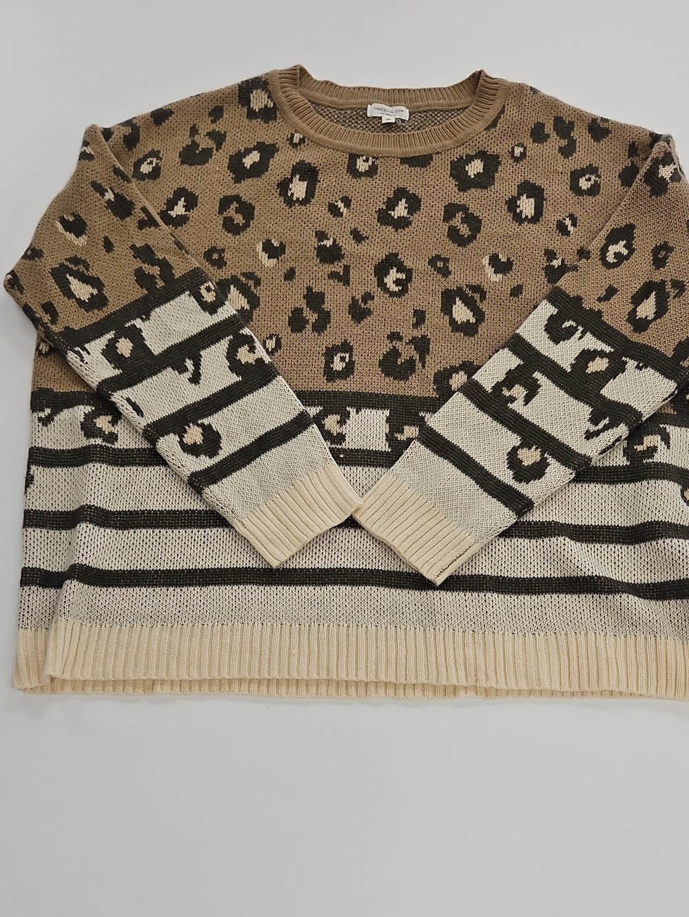 Leopard & Stripe Crewneck Sweater - Brown/Cream